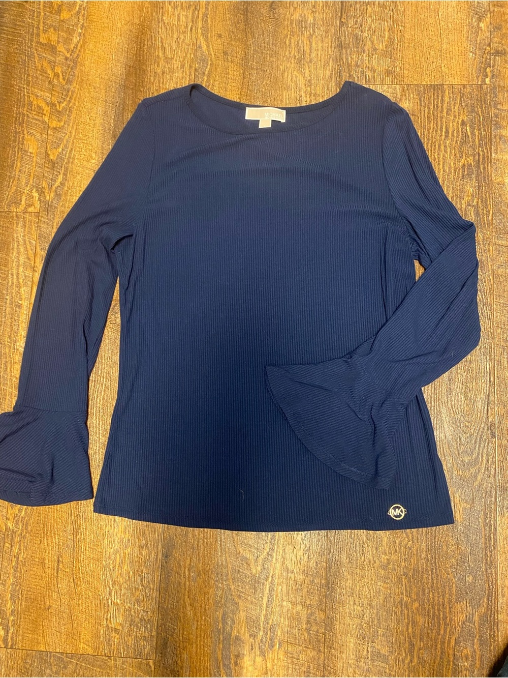 Michael Kors Navy Ribbed Long Sleeve Top with Flared Cuffs. Size XL